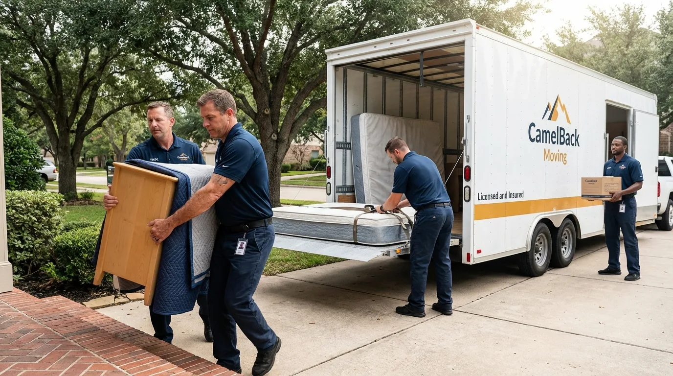 Crew loading residential truck for cross-state move from Robstown, TX