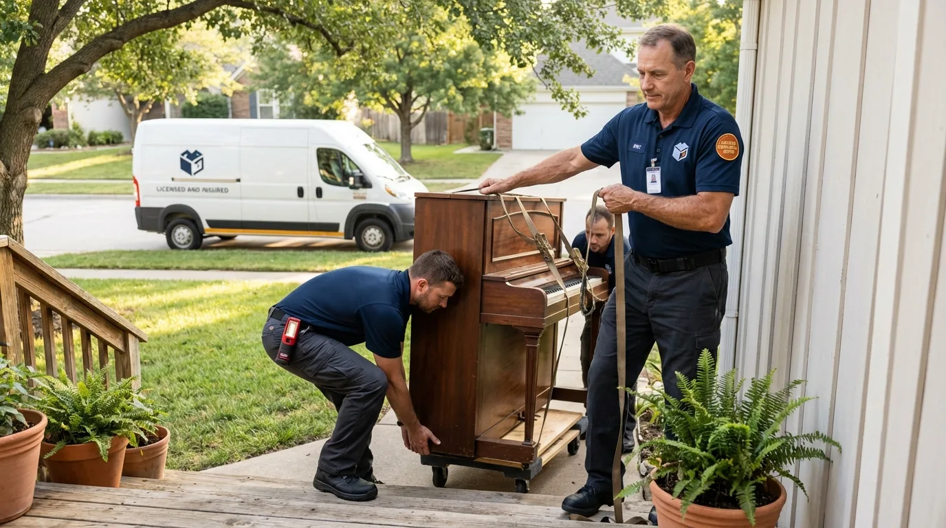 Licensed piano movers securing grand piano in Robstown, TX
