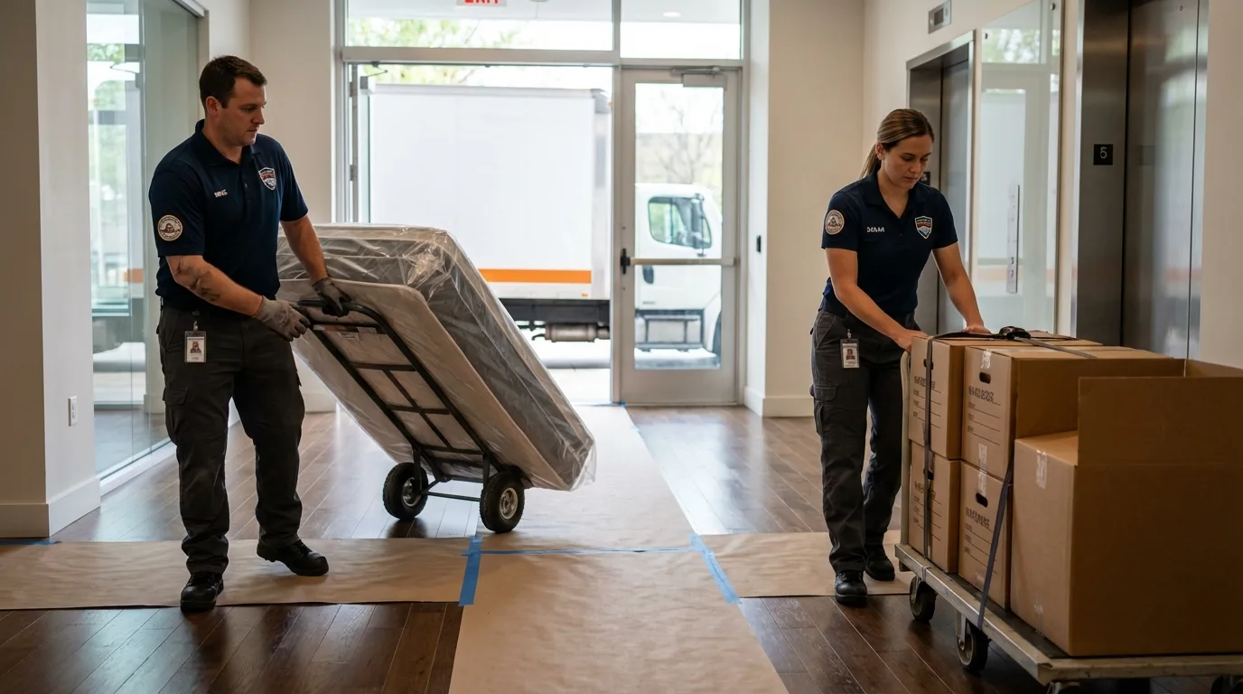 Professional apartment movers loading elevator in Robstown, TX